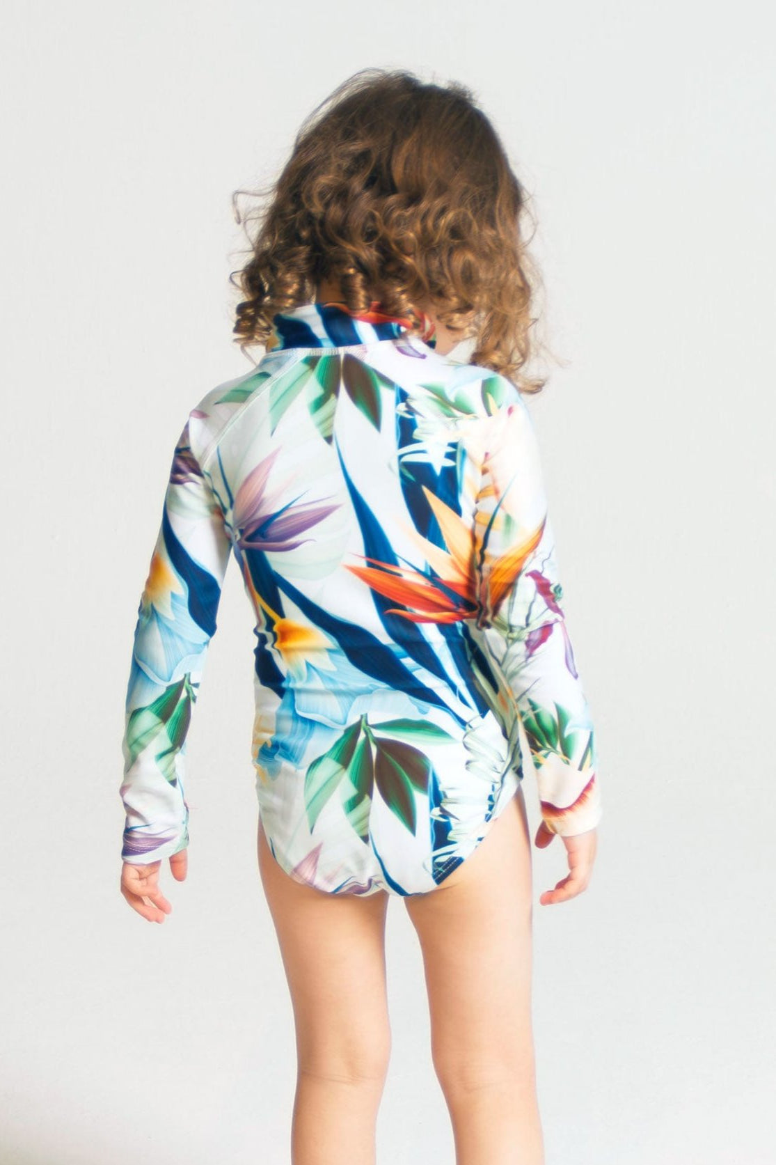 Bird of Paradise Long Sleeved Girls Swimsuit, back view. Sustainable girls swimwear.