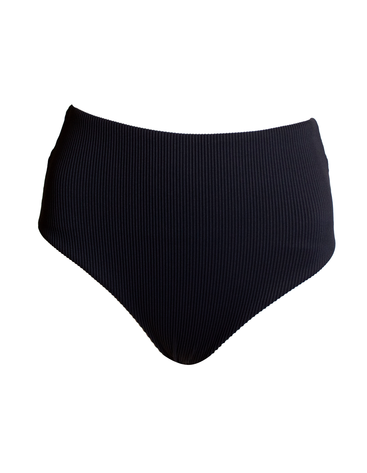High Waist Black Womens Ribbed Bikini Bottoms, front view. Sustainable womens swimwear.