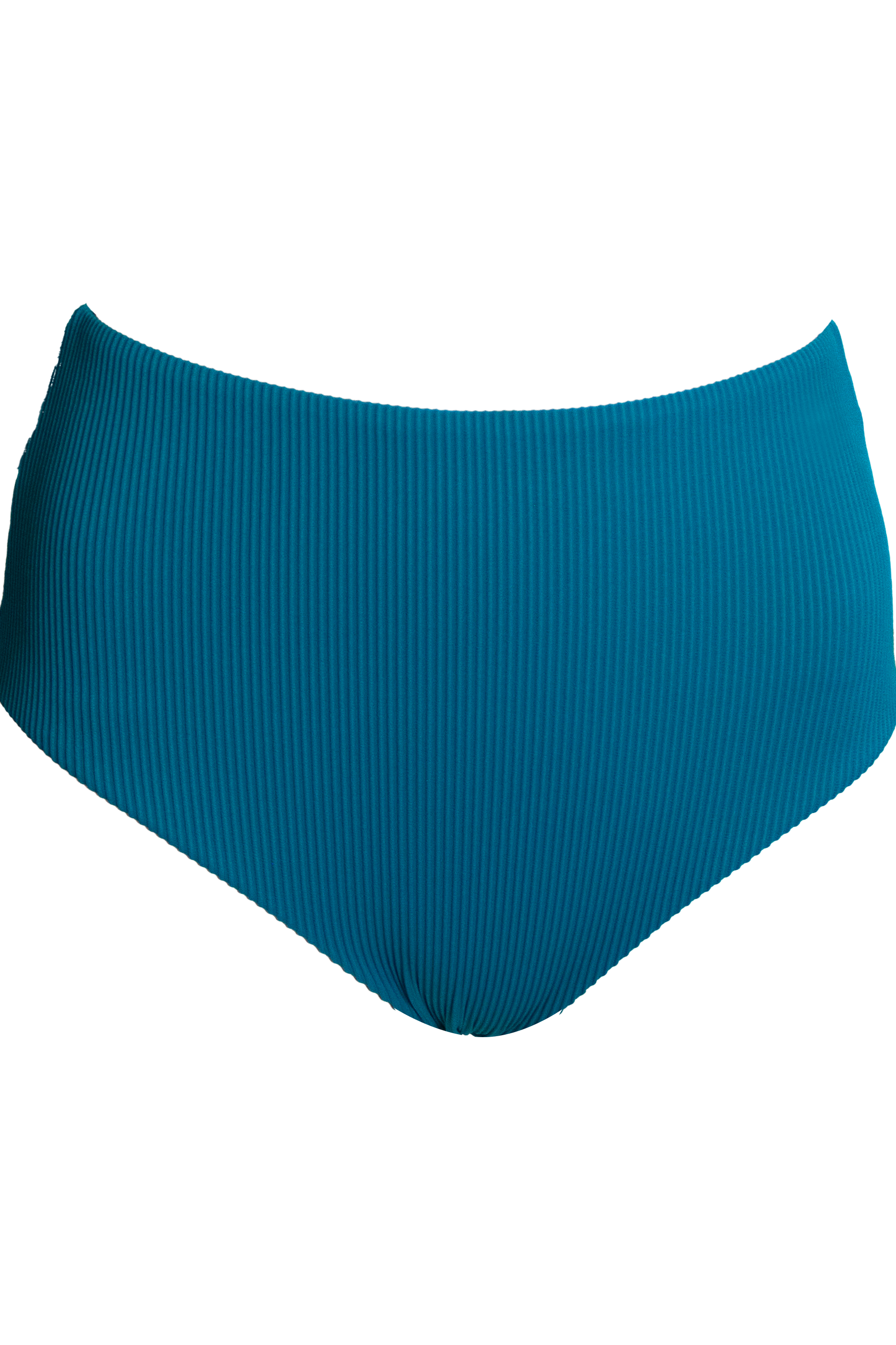 High Waist Teal Womens Ribbed Bikini Bottoms, front view. Sustainable womens swimwear.