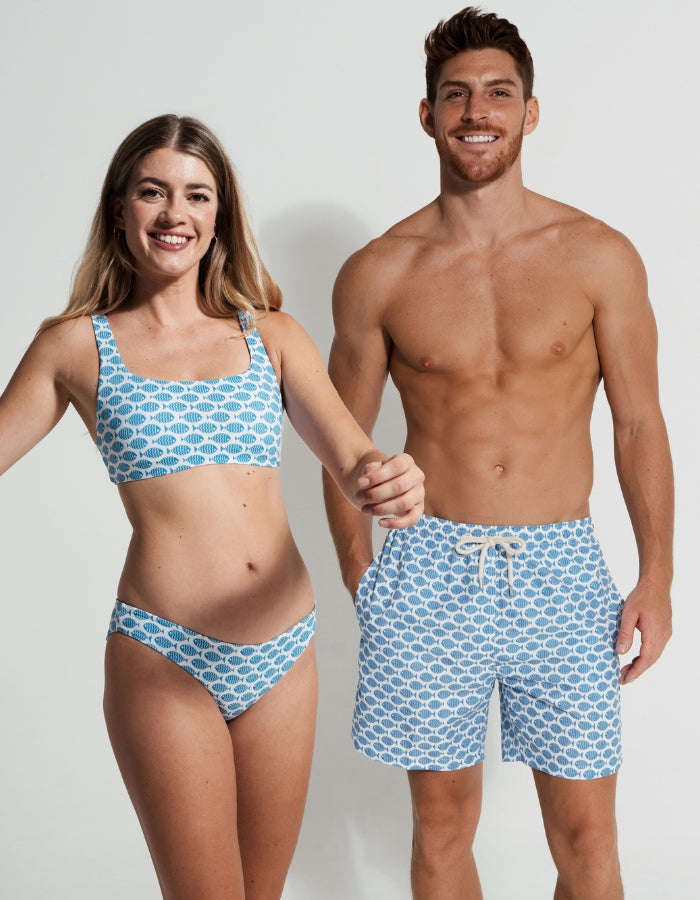 His & Hers Baby Blue Fish, back view. Family matching swimwear.