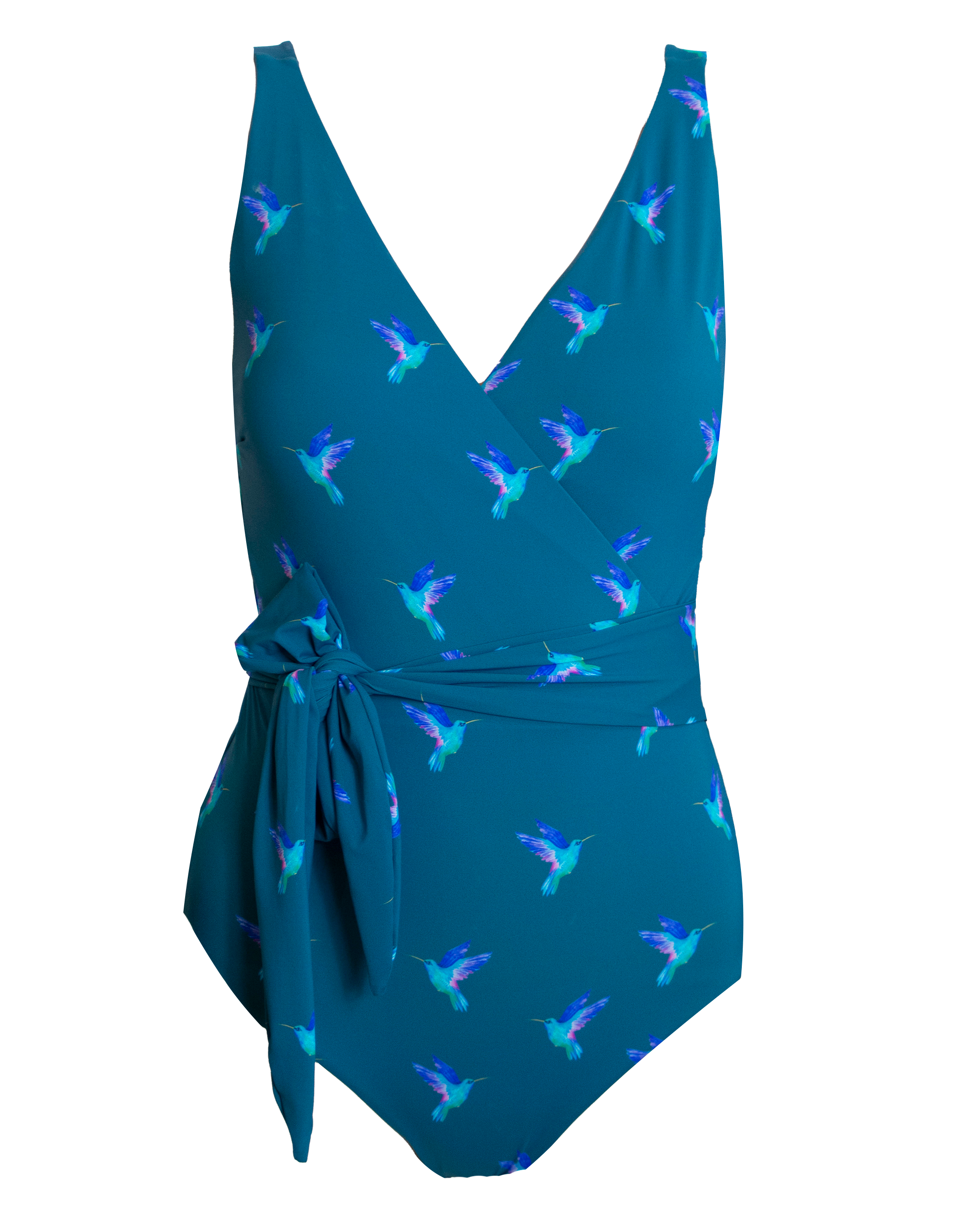 Hummingbird Womens One Piece Wrap Swim Suit, front view. Sustainable womens swimwear.