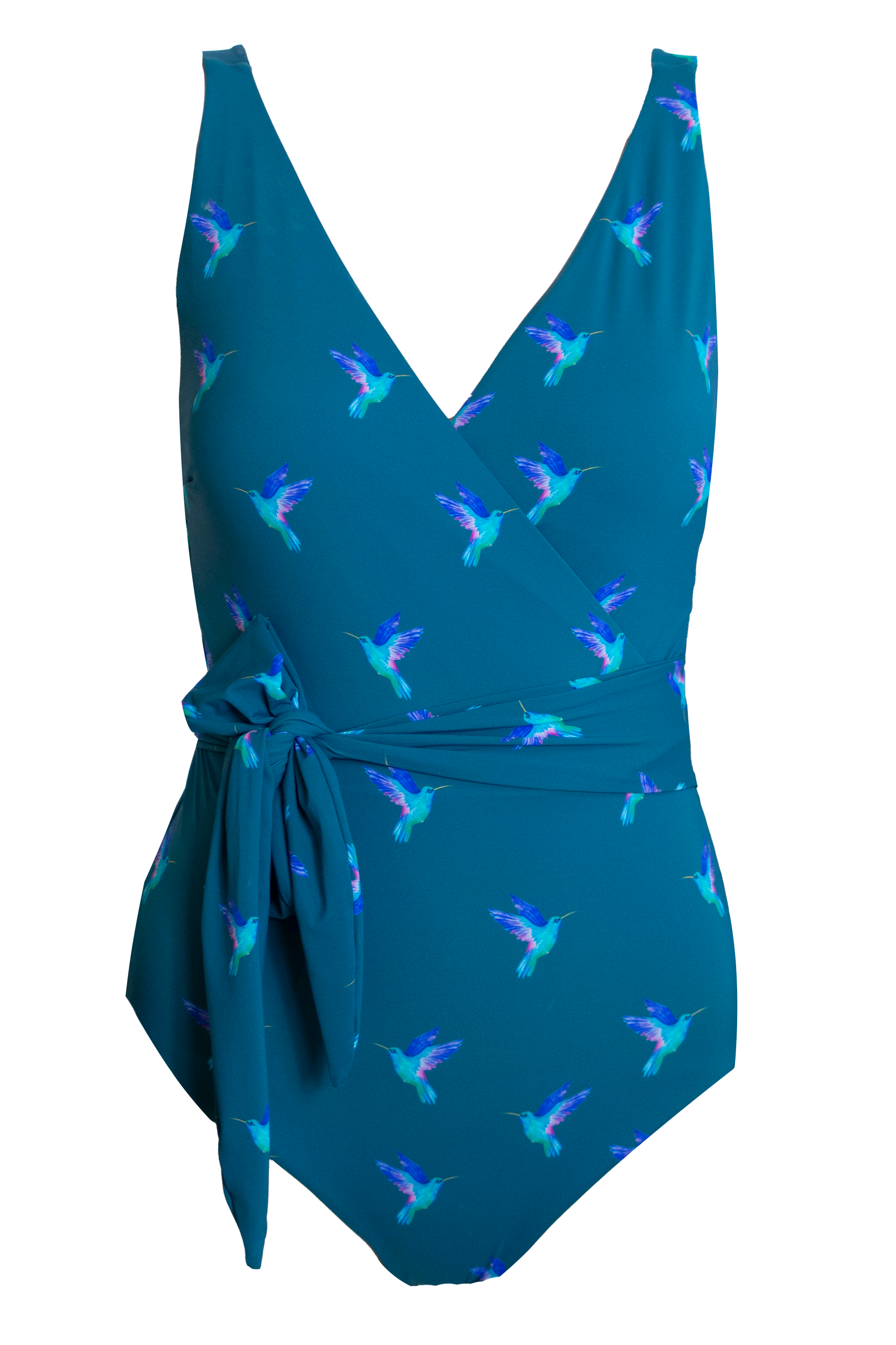 Hummingbird_Womens_One_Piece_Wrap_Swim_Suit-Front_full_coverage_breastfeeding_sash_tie