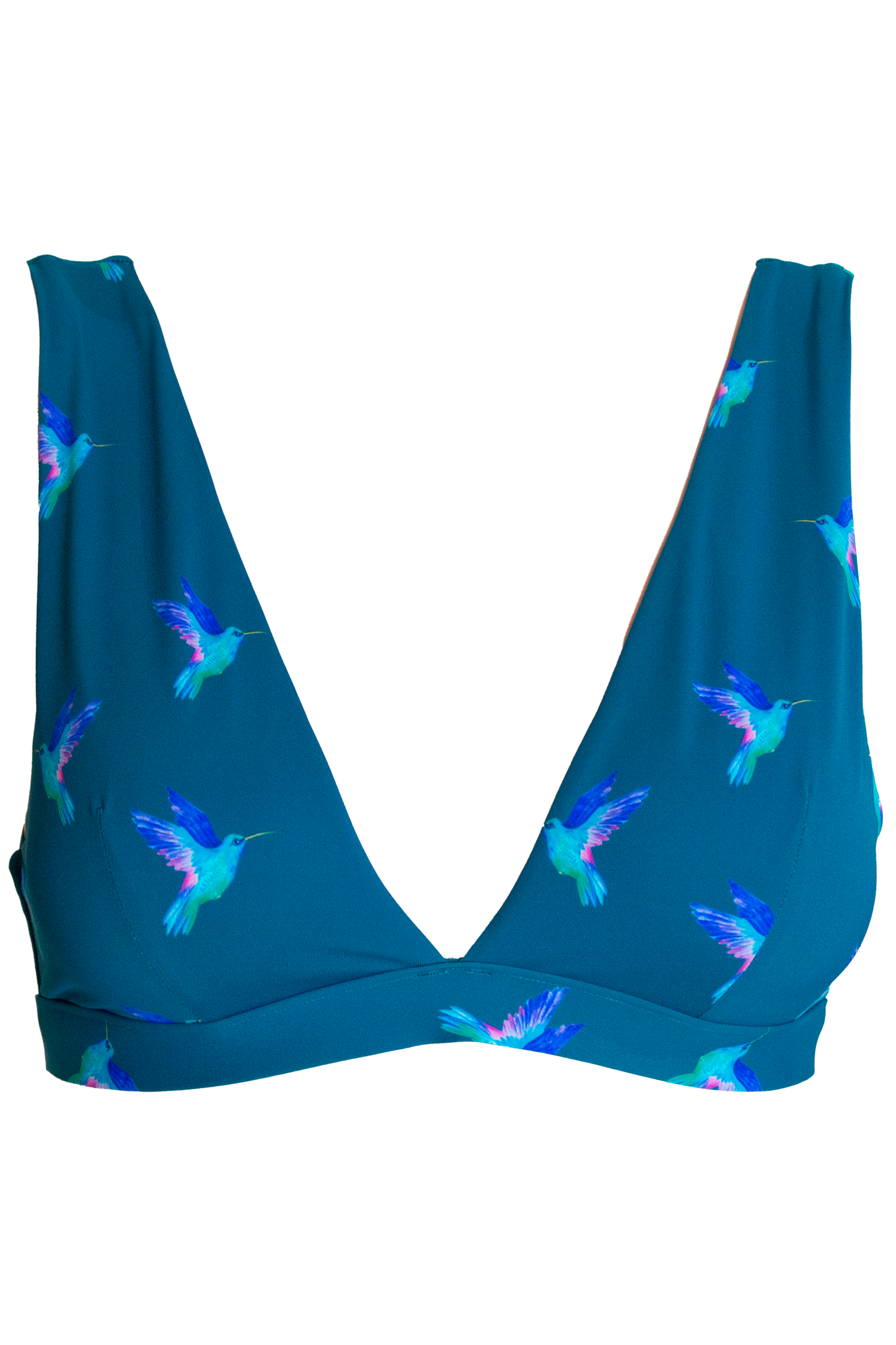 Dune – Hummingbird Womens Plunge Bikini Top, front view. Sustainable womens swimwear.