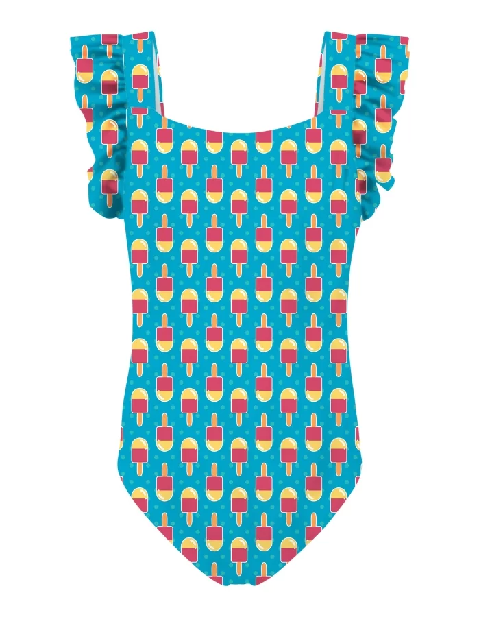 Ice Lolly Girls Ruffle Swimsuit, print detail. Sustainable girls swimwear.