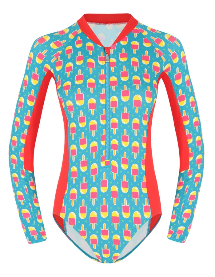 Ice Lolly Womens Surf Suit, print detail. Sustainable womens swimwear.