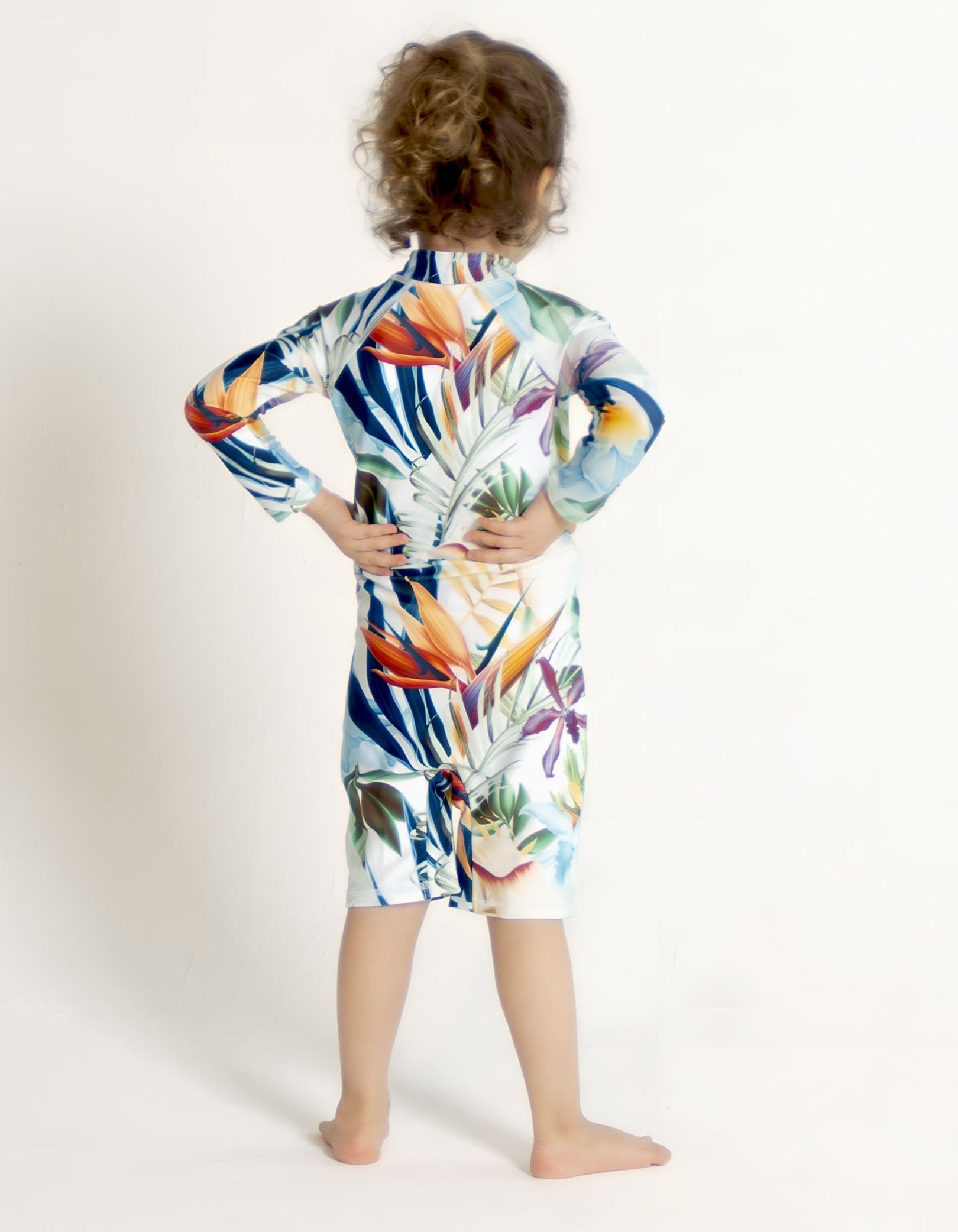 Bird of Paradise Kids Body Suit, back view. Sustainable kids swimwear.