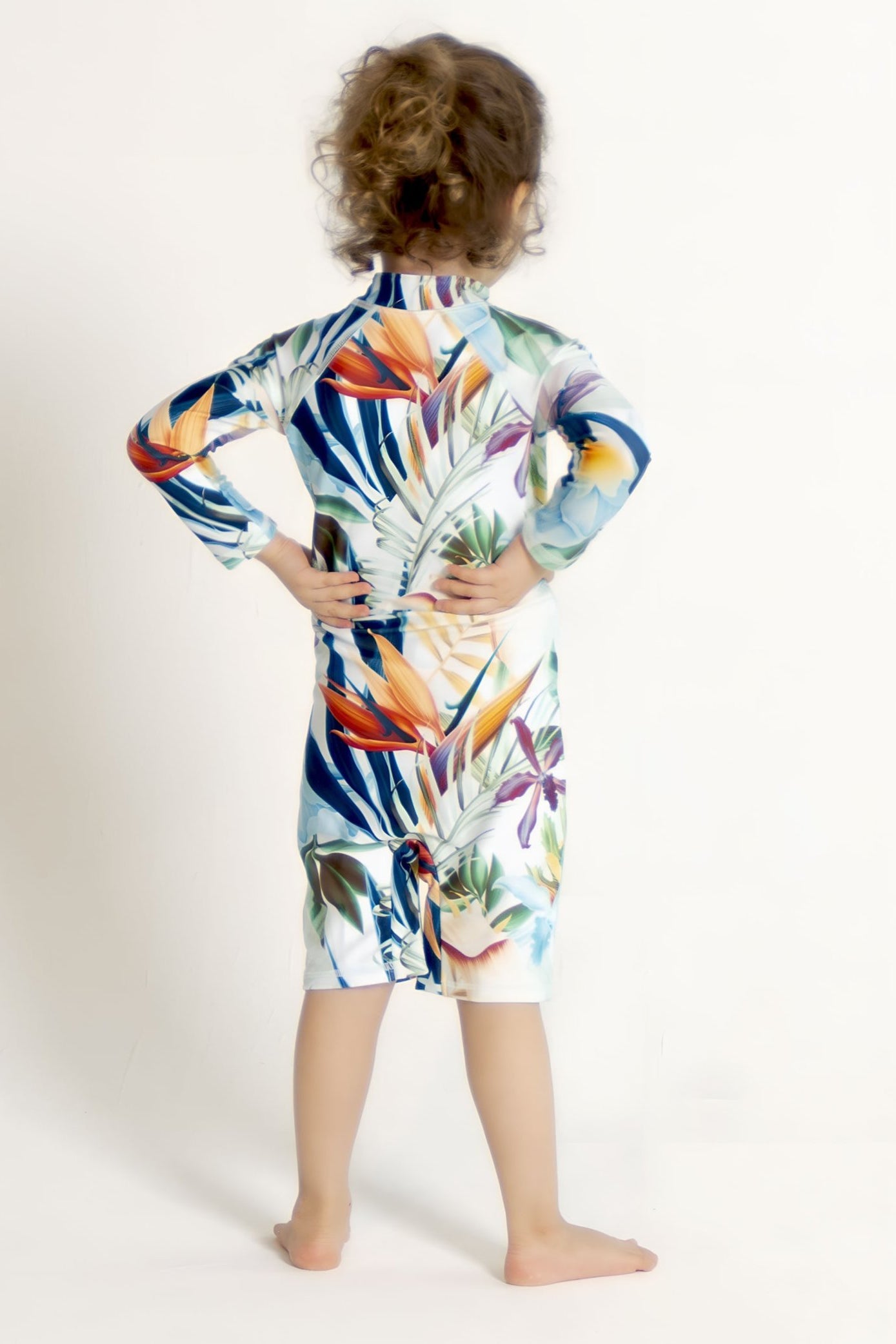 Bird of Paradise Kids Body Suit, back view. Sustainable kids swimwear.