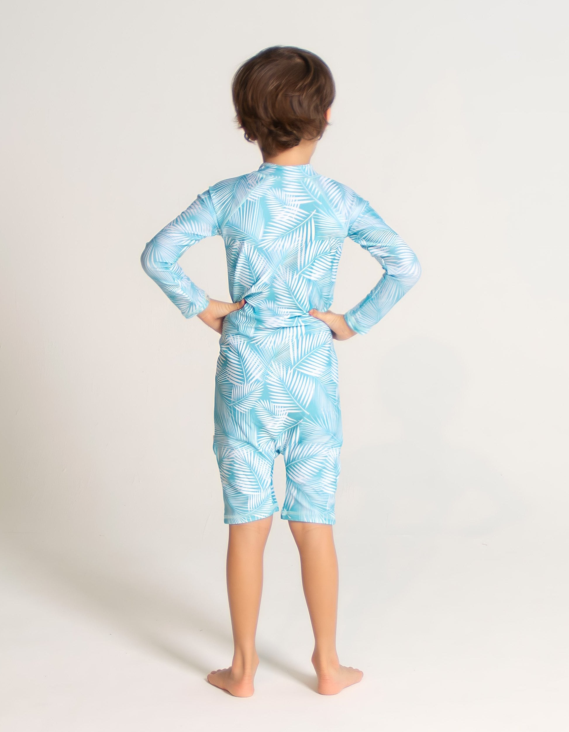 Green Fern Kids Body Suit, back view. Sustainable kids swimwear.