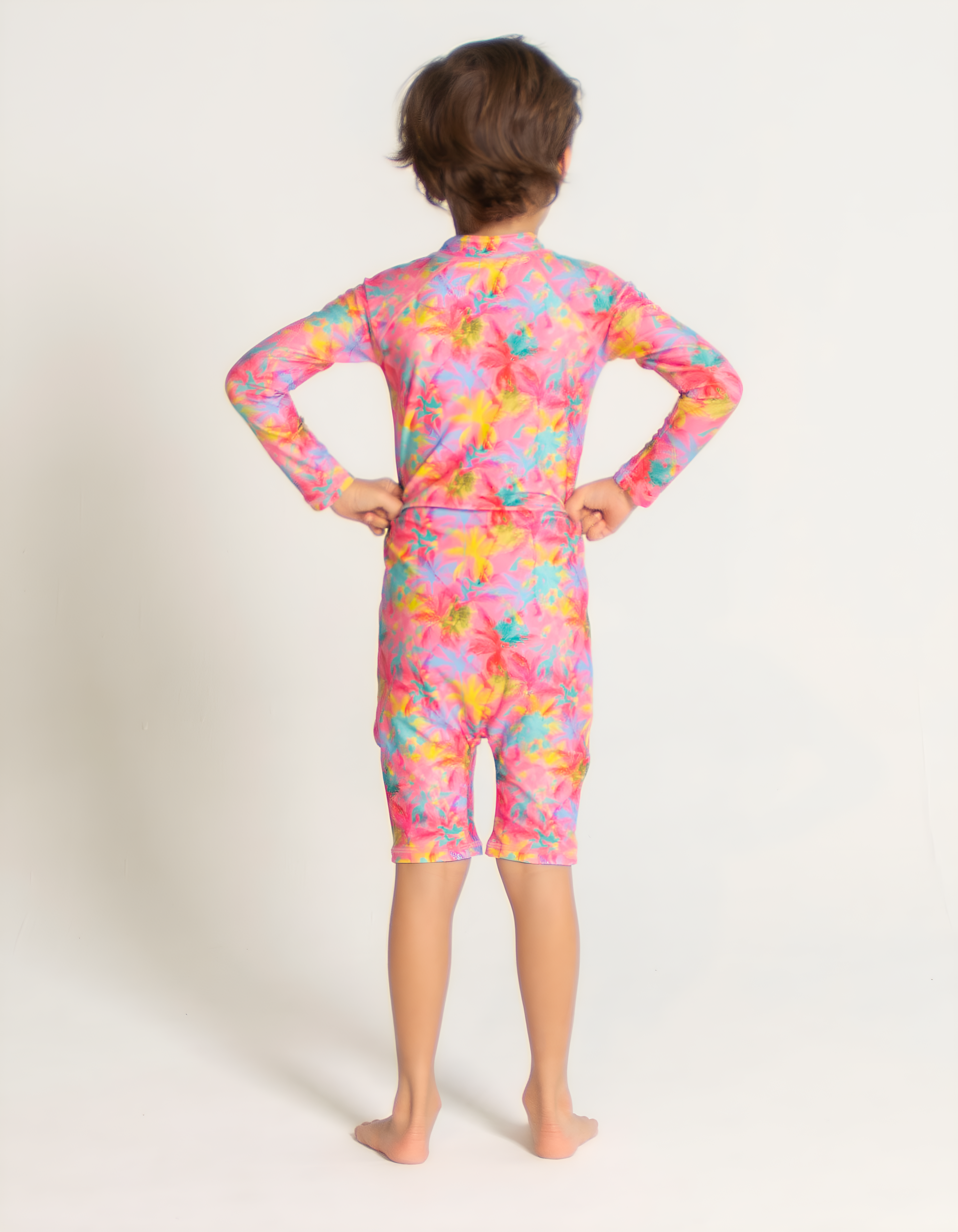 Pink Palm Kids Body Suit, back view. Sustainable kids swimwear.