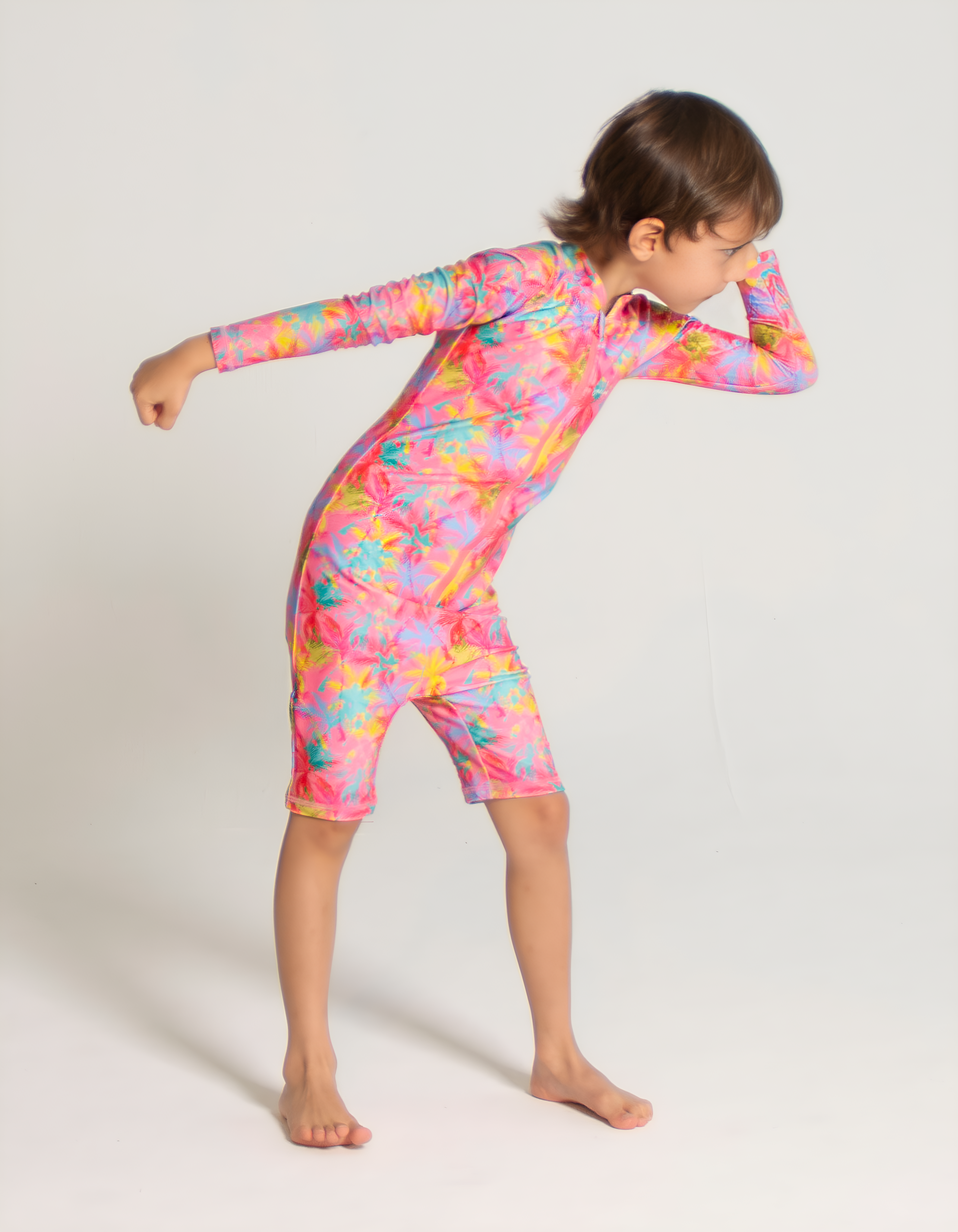 Pink Palm Kids Body Suit, print detail. Sustainable kids swimwear.