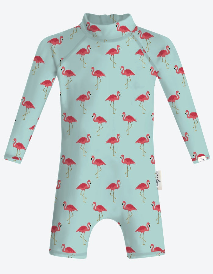 Pink Flamingo Baby Swimsuit, lifestyle shot. Sustainable baby swimwear.