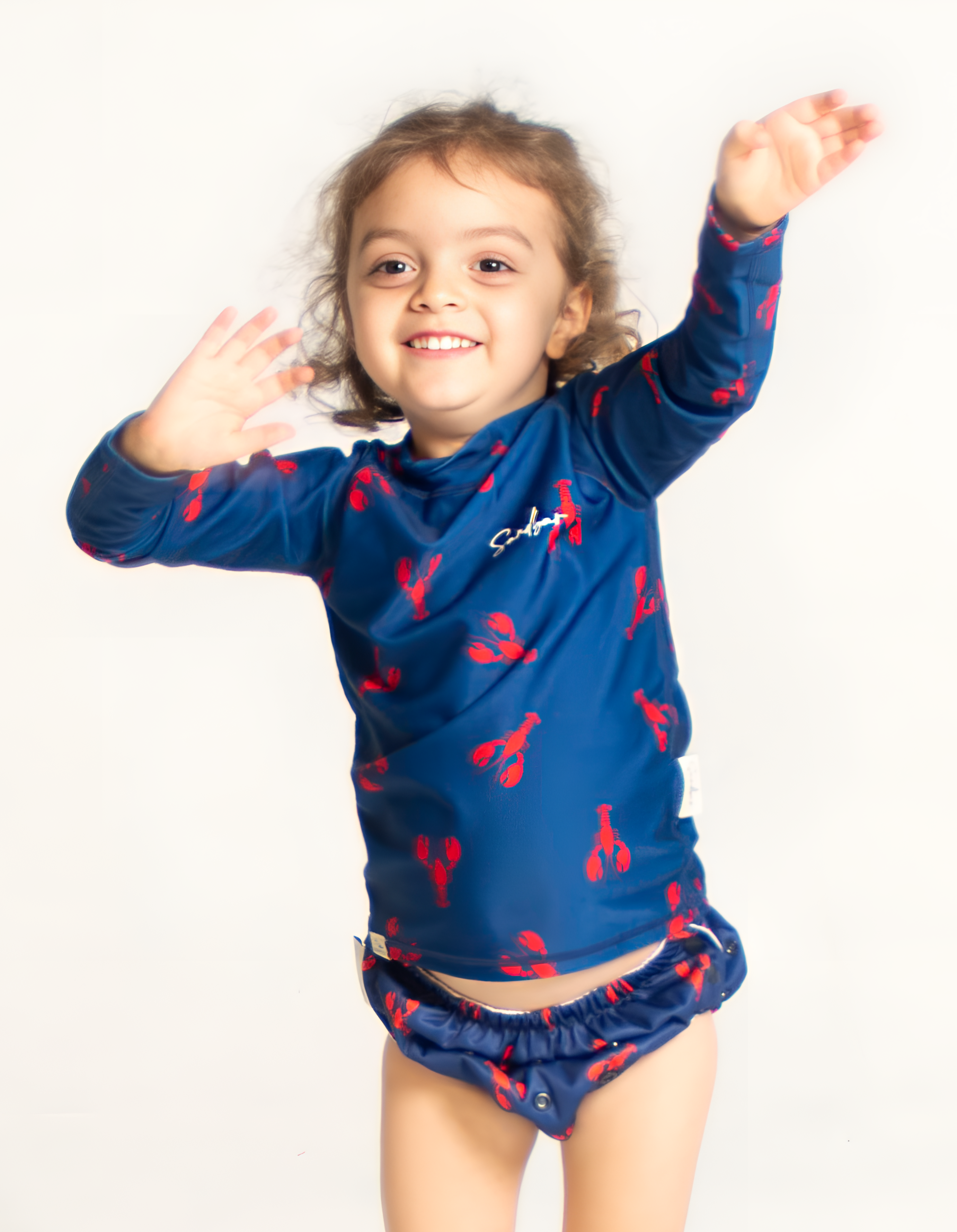 Red Lobster Rash Guard, front view. Kids UPF50 rash guard.