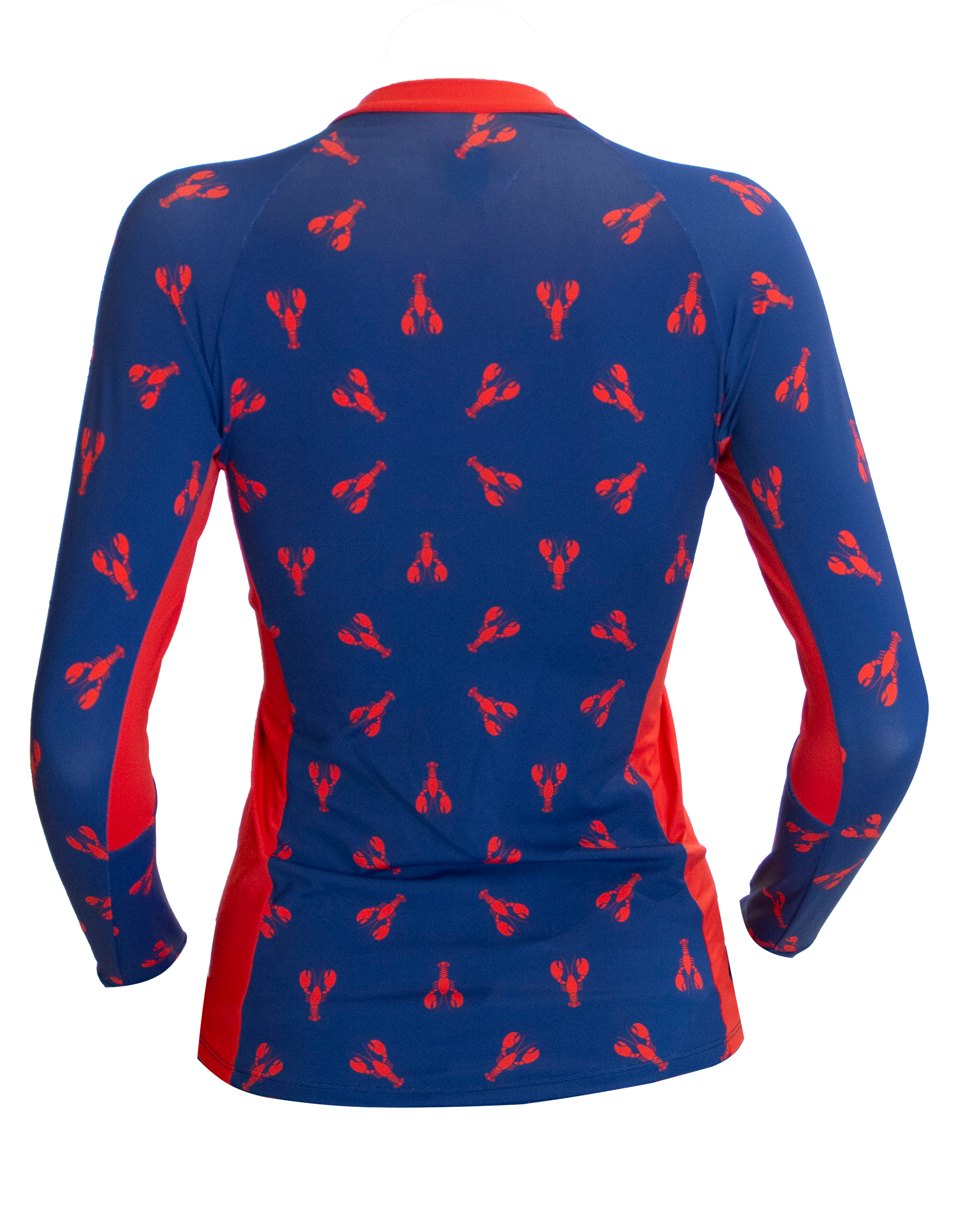 Red Lobster Womens Rash Guard, back view. Womens UPF50 rash guard.