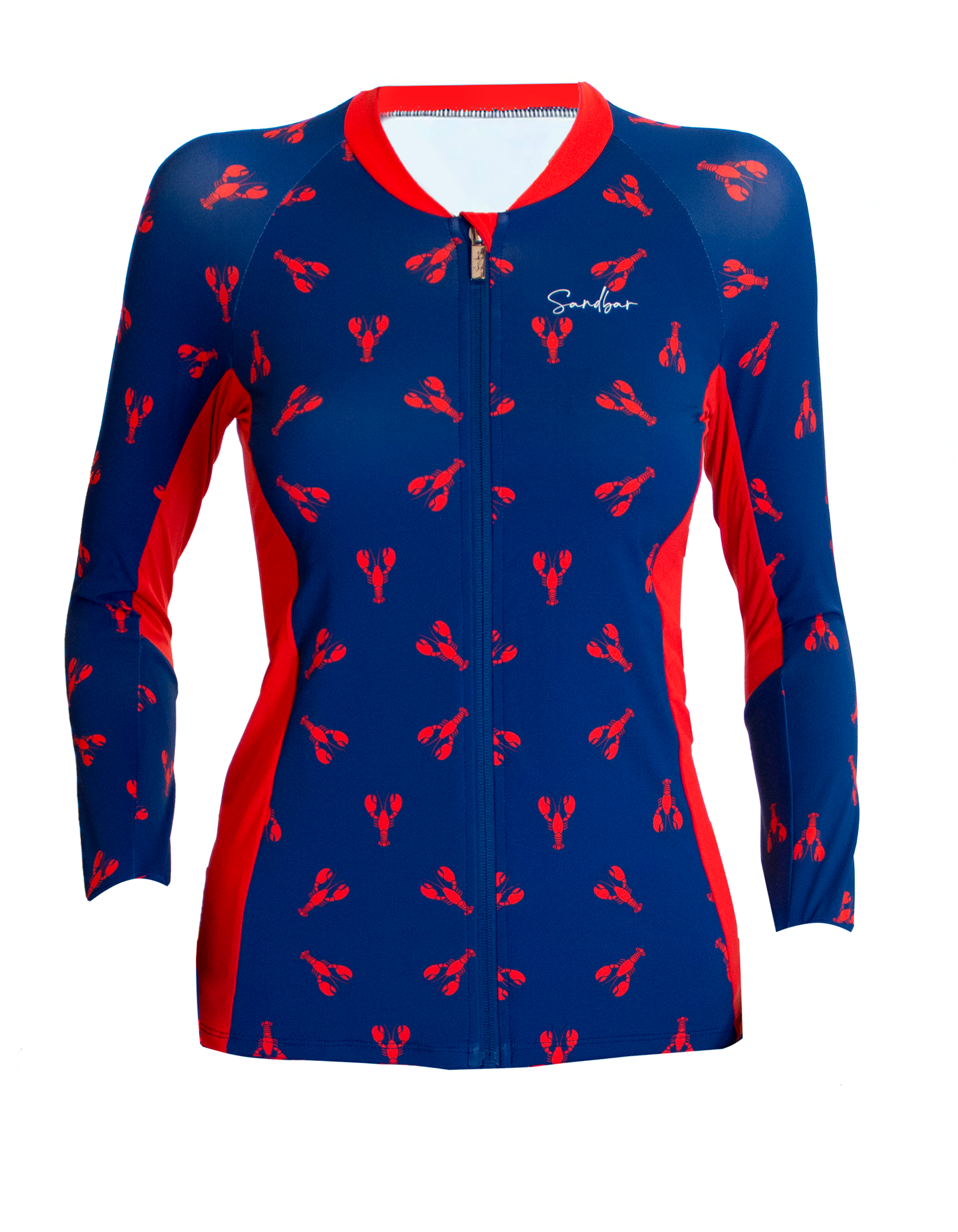 Red Lobster Womens Rash Guard, front view. Womens UPF50 rash guard.