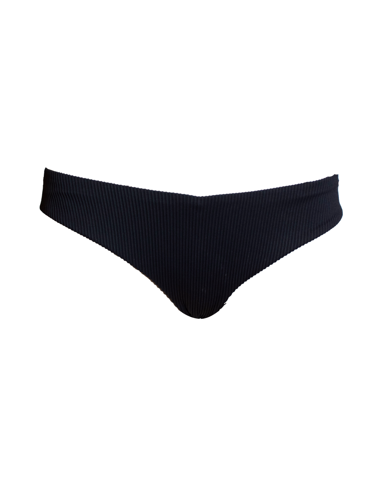 Low Waist Black Womens Ribbed Bikini Bottoms, front view. Sustainable womens swimwear.