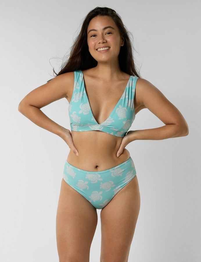 Mid Waist Maldives Blue Turtle Bikini Bottoms, front view.