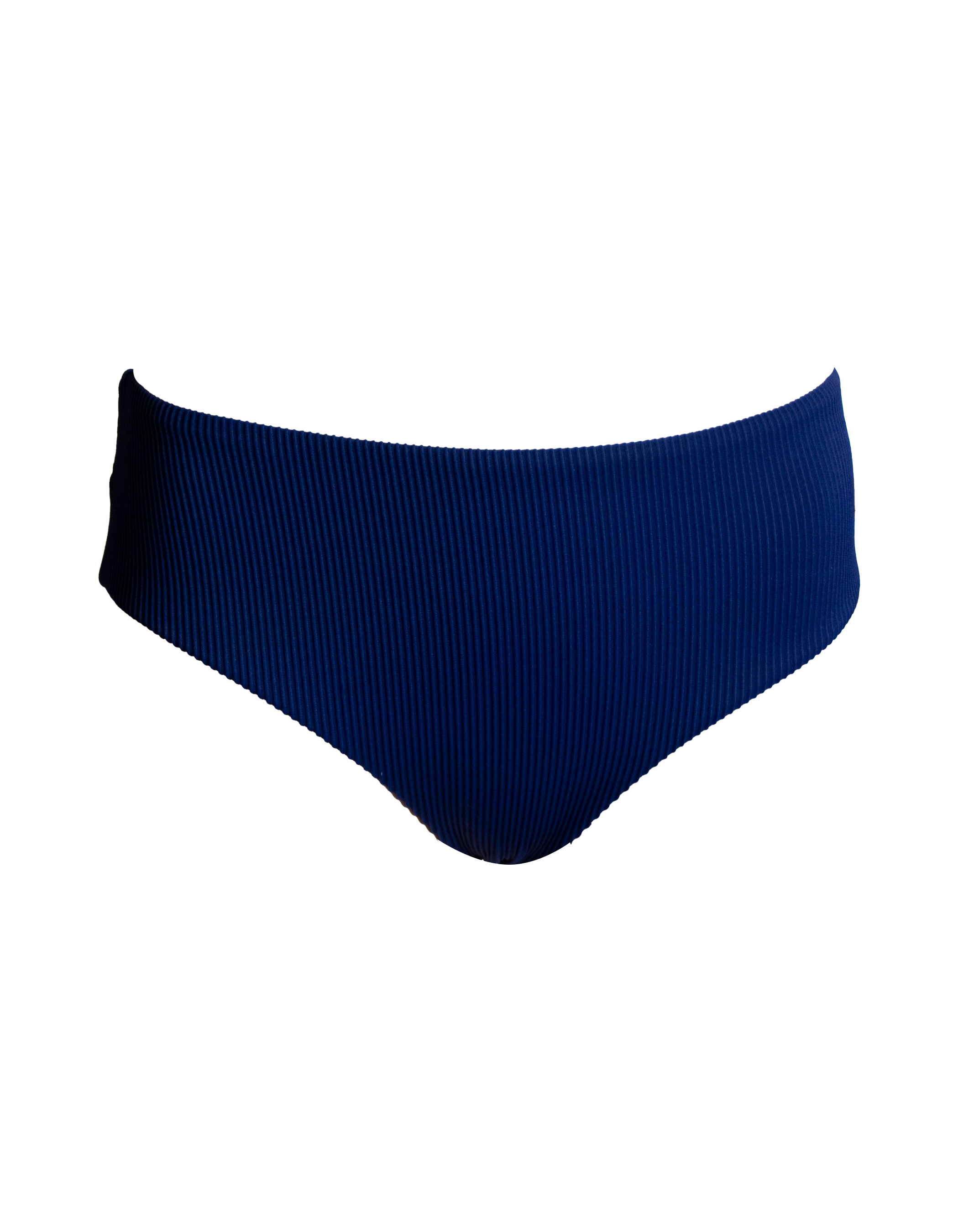 Mid Waist Midnight Blue Womens Ribbed Bikini Bottoms, front view. Sustainable womens swimwear.