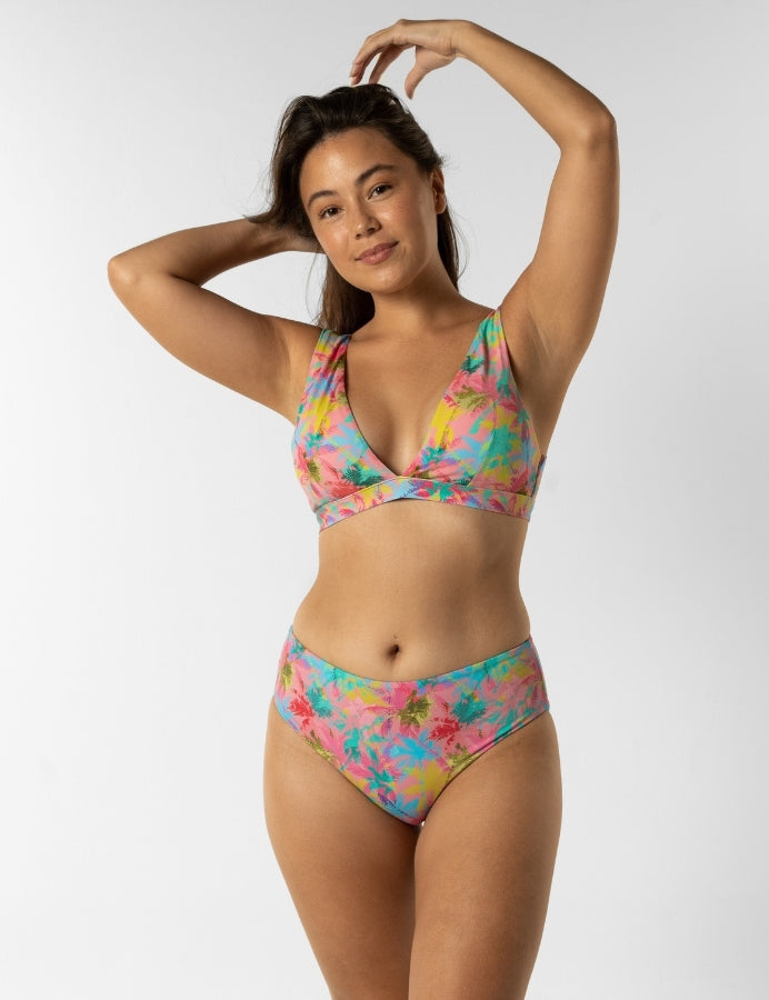 Mid Waist Pink Palm Womens Bikini Bottoms, front view. Sustainable womens swimwear.