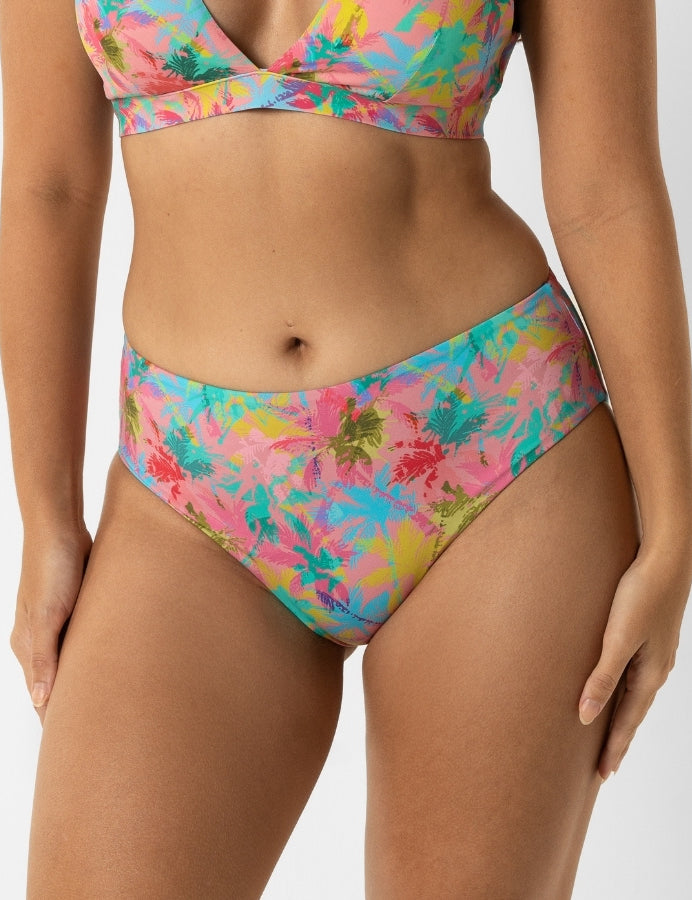 Mid Waist Pink Palm Womens Bikini Bottoms, back view. Sustainable womens swimwear.