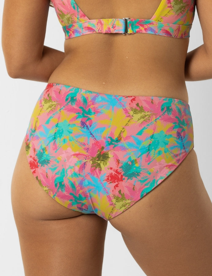 Mid Waist Pink Palm Womens Bikini Bottoms, additional view. Sustainable womens swimwear.