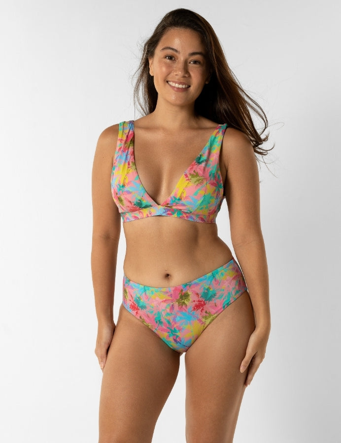 Mid Waist Pink Palm Womens Bikini Bottoms, additional view. Sustainable womens swimwear.
