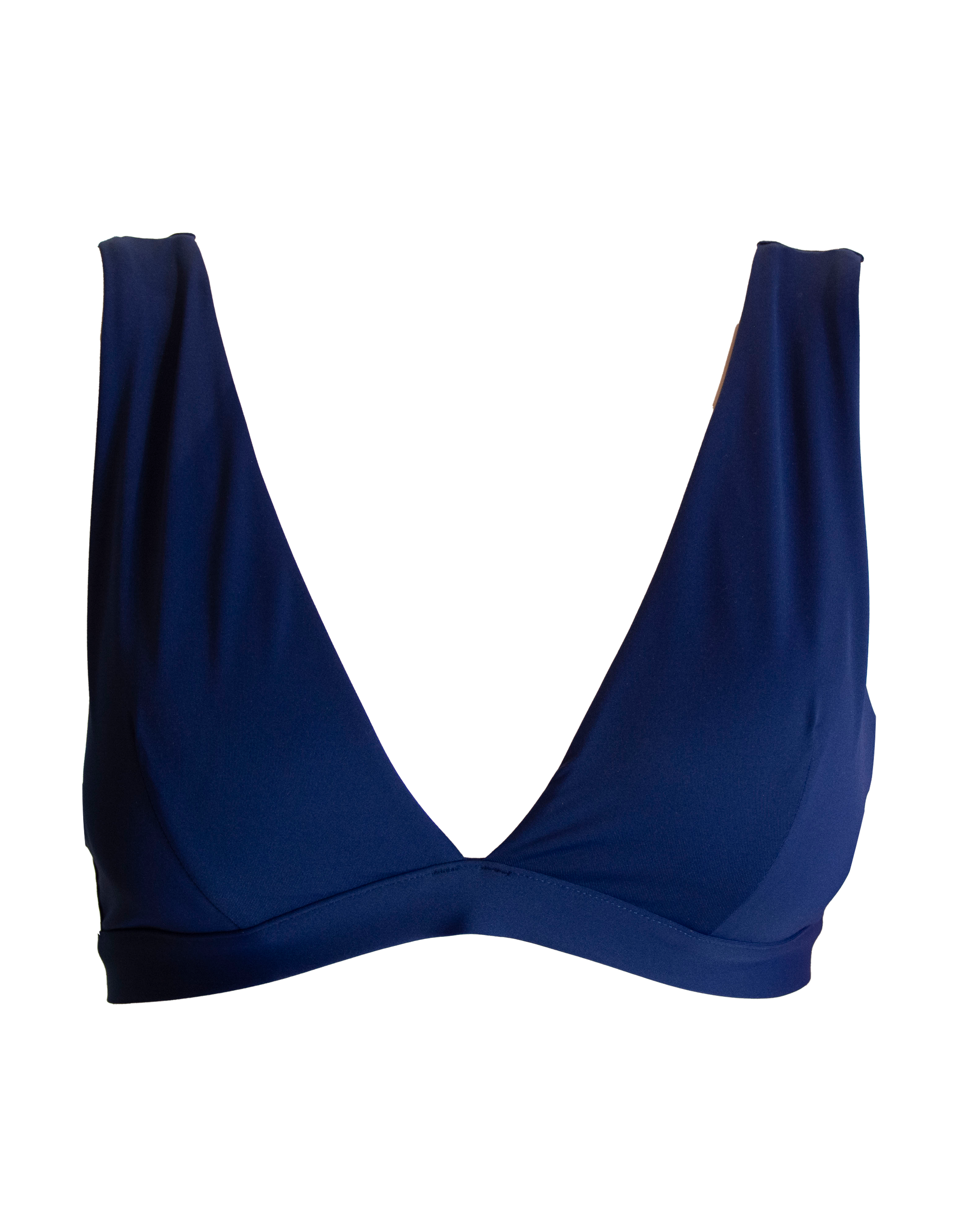 Midnight Blue Plunge Bikini Top, front view.