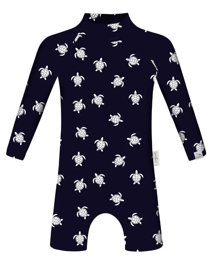 Navy Turtle Baby Swimsuit, print detail. Sustainable baby swimwear.
