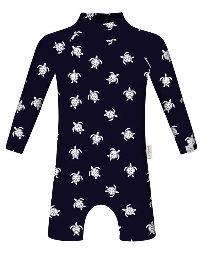 Navy Turtle Baby Swimsuit, print detail. Sustainable baby swimwear.