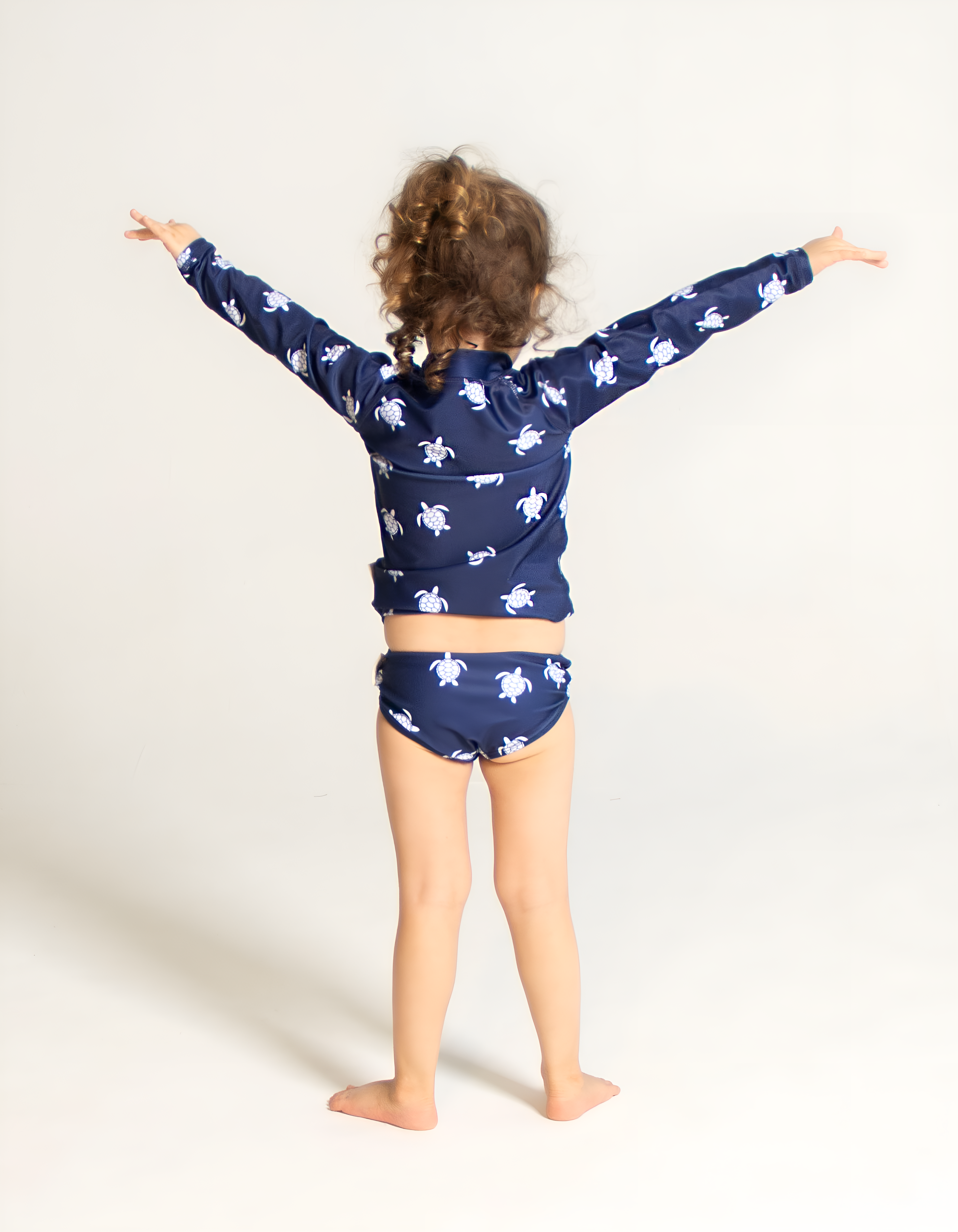 Navy Turtle Rash Guard, back view. Kids UPF50 rash guard.