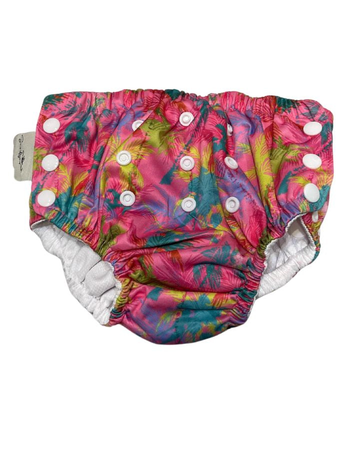 Pink Palm Reusable Swim Diaper, print detail. Reusable swim diaper.