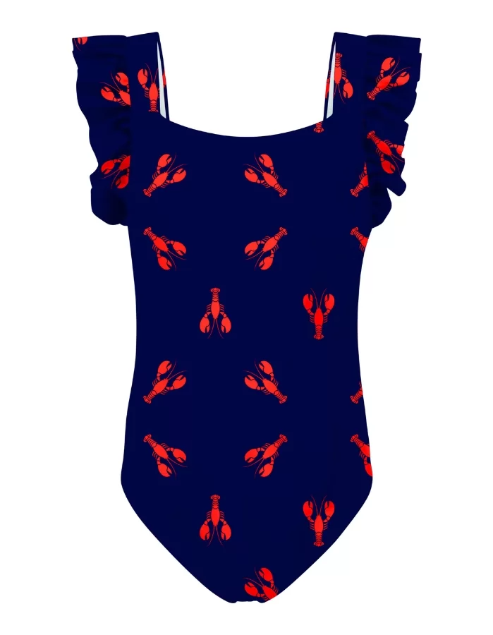 Red Lobster Girls Ruffle Swimsuit, print detail. Sustainable girls swimwear.