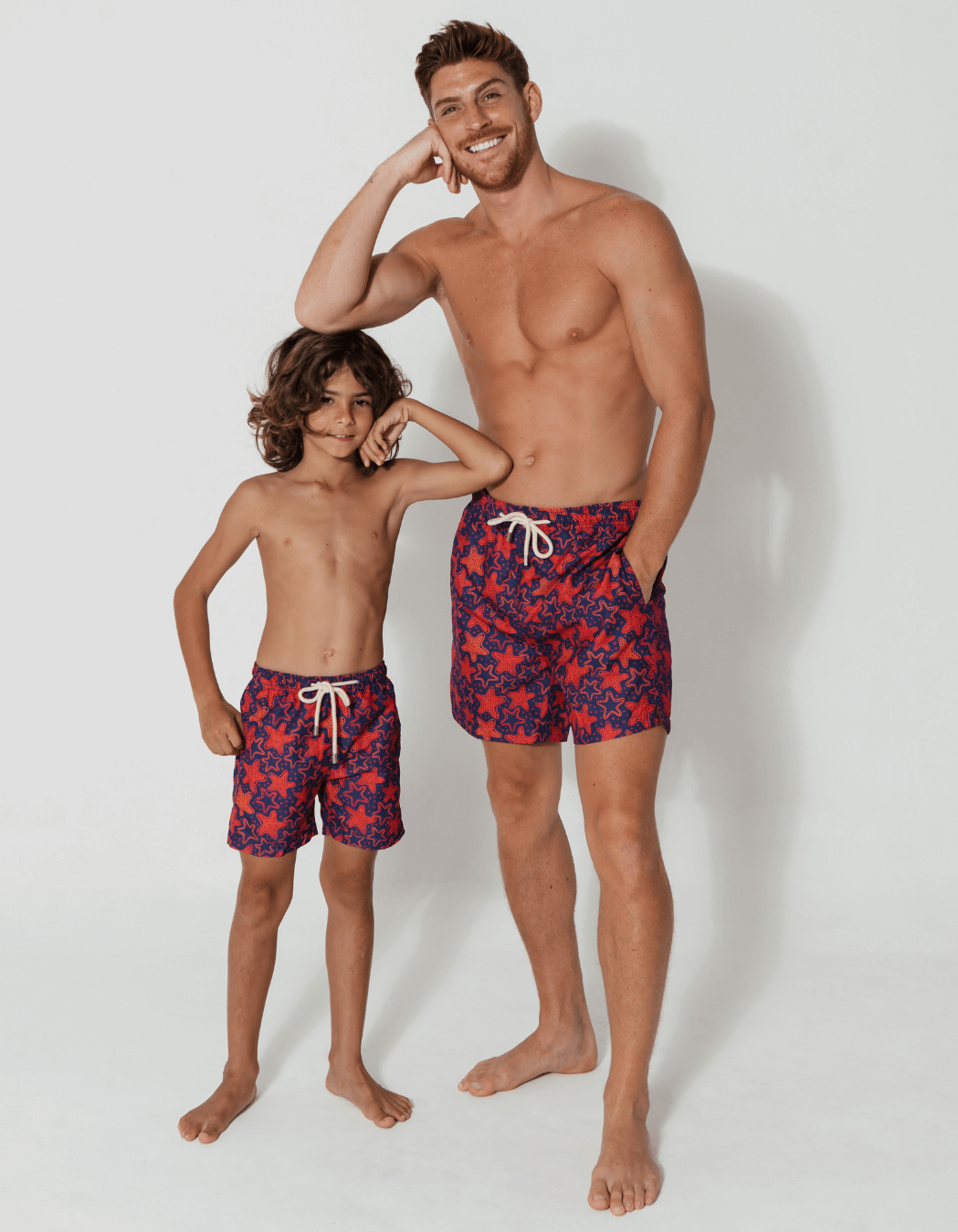 Red Starfish Boys Swim Shorts, additional view. Sustainable boys swimwear.