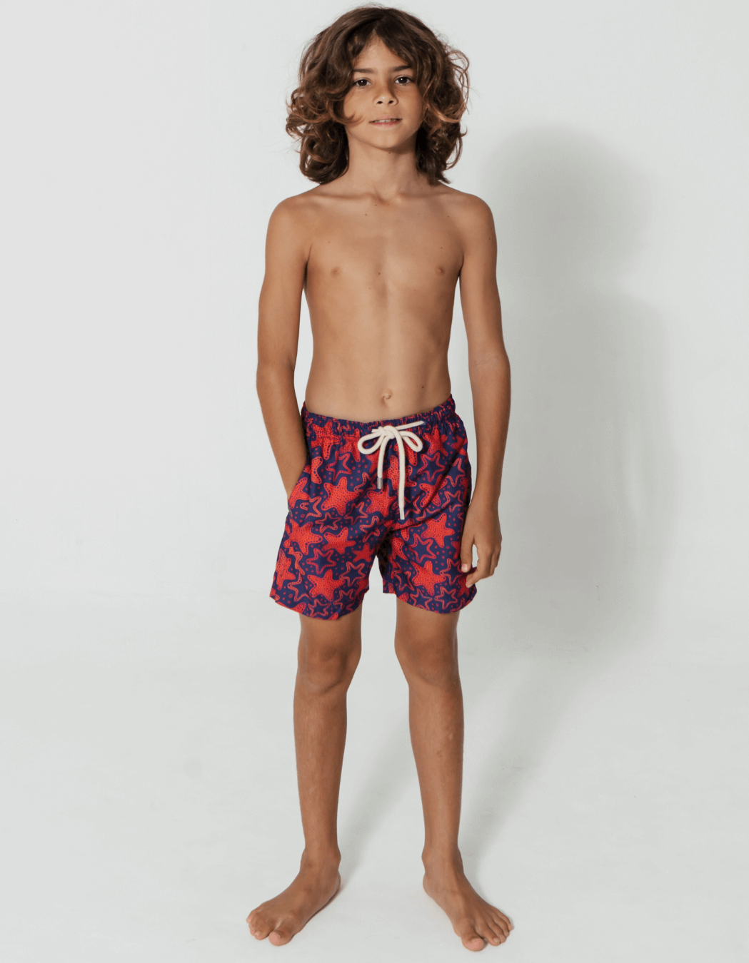 Red Starfish Boys Swim Shorts, additional view. Sustainable boys swimwear.