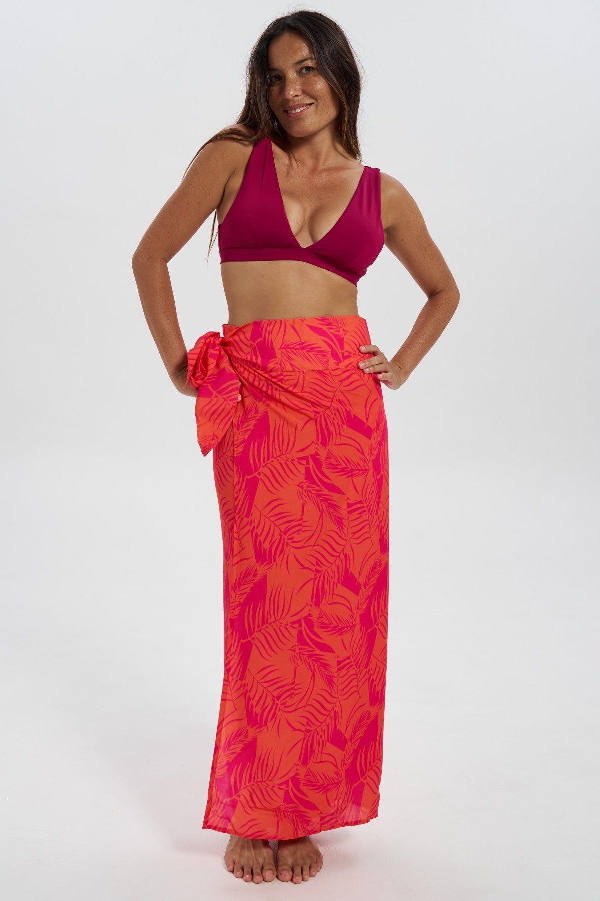 Aperol Palm Womens Sarong with Sash Tie, front view. Beach sarong.