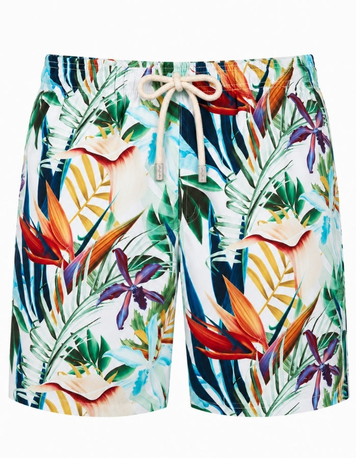 Bird of Paradise Mens Swim Shorts, front view. Sustainable mens swimwear Ghost mannequin