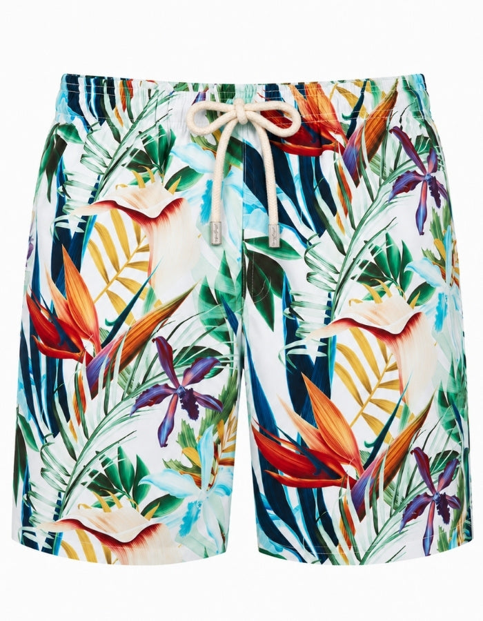 Bird of Paradise Mens Swim Shorts, front view. Sustainable mens swimwear Ghost mannequin