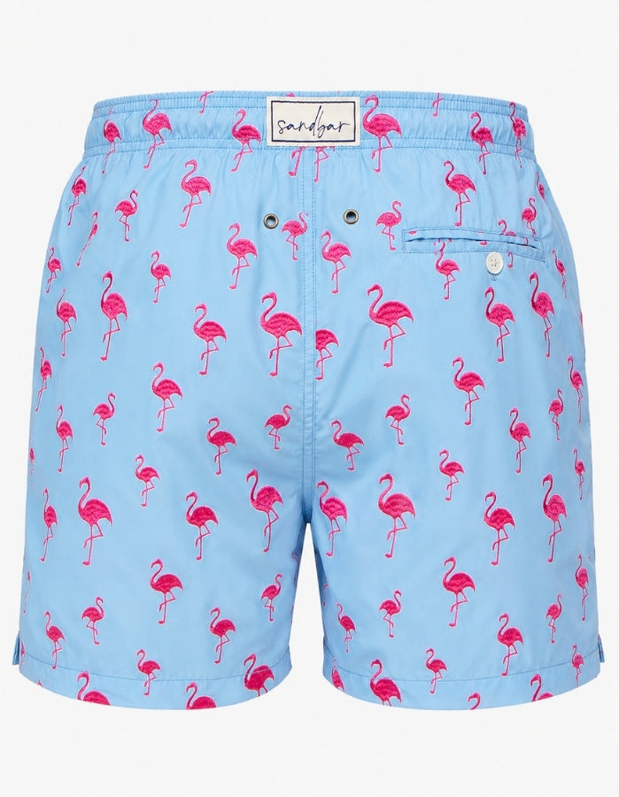Sandbar Sustainable Mens Embroidered Swim Shorts Ghost Mannequin back view pink flamingo