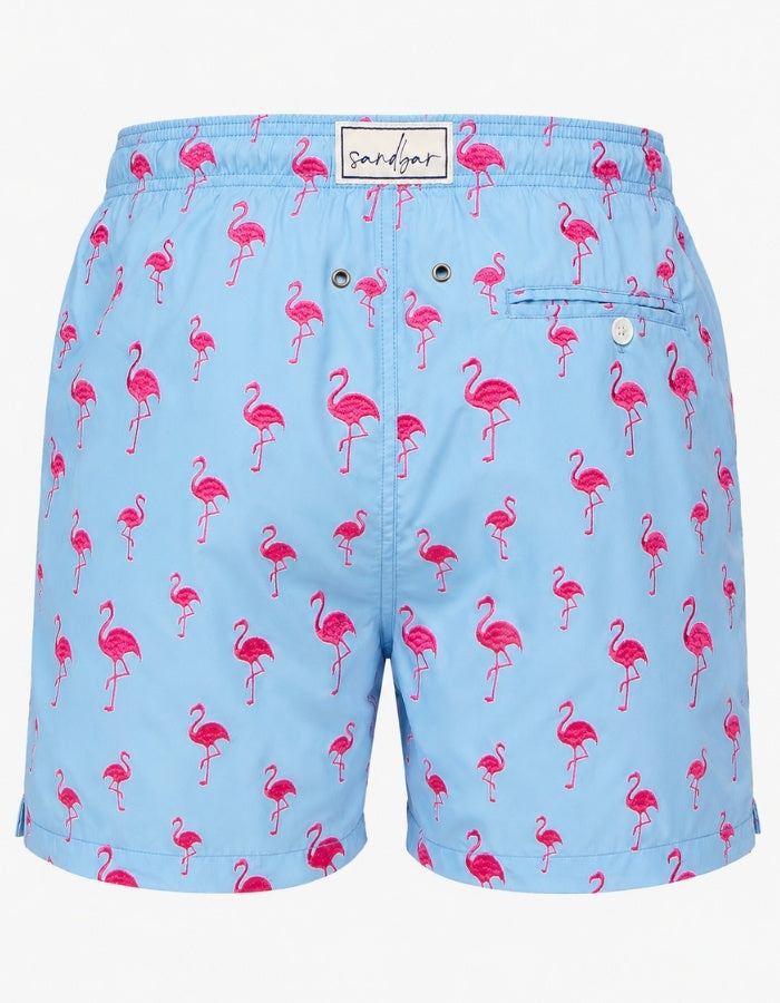 Sandbar Sustainable Mens Embroidered Swim Shorts Ghost Mannequin back view pink flamingo