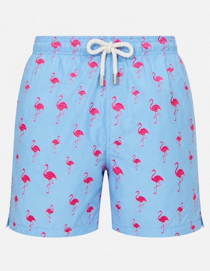 Sandbar Sustainable Mens Embroidered Swim Shorts Ghost Mannequin front view pink flamingo