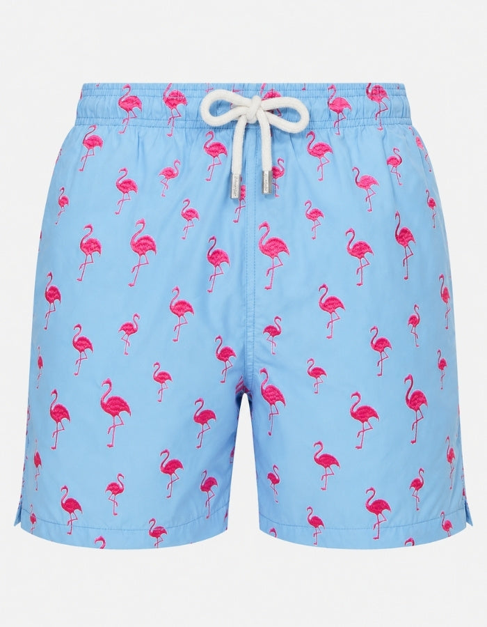Sandbar Sustainable Mens Embroidered Swim Shorts Ghost Mannequin front view pink flamingo