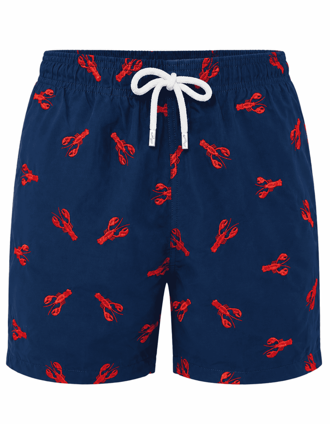 Embroidered Red Lobster Mens Swim Shorts ghost mannequin front