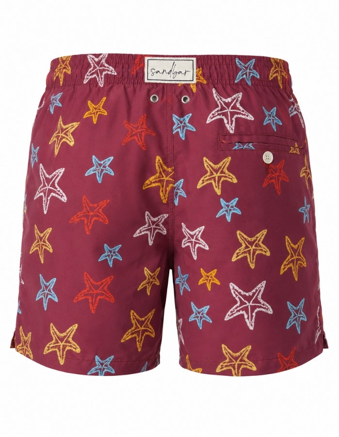 Sandbar Swimwear Ghost Manequin embroidered starfish mens swim shorts back view luxury detail