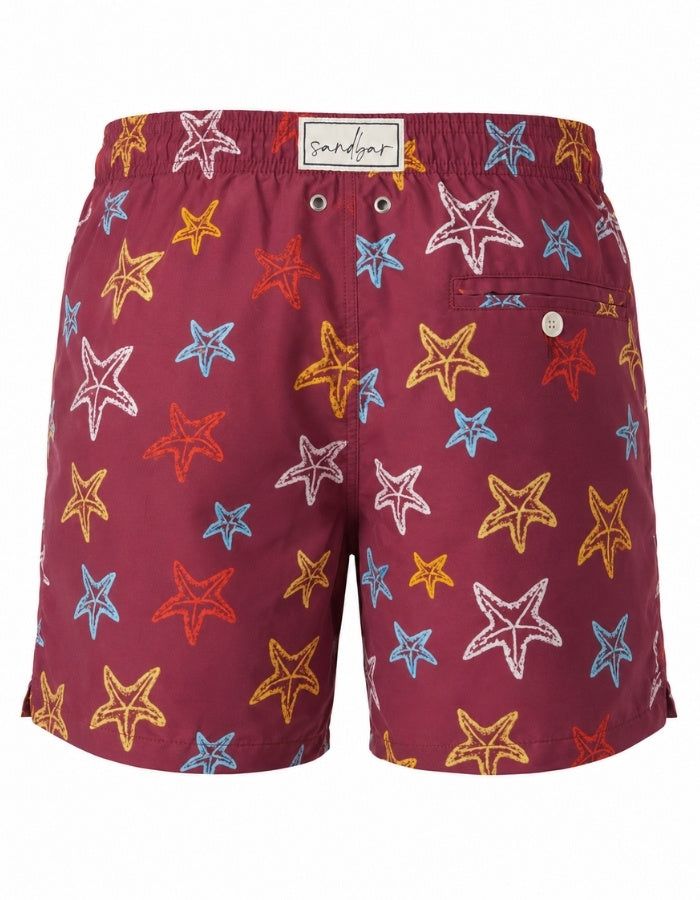 Sandbar Swimwear Ghost Manequin embroidered starfish mens swim shorts back view luxury detail