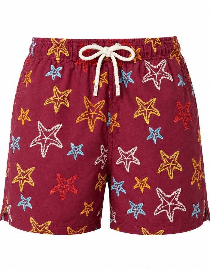 Sandbar Swimwear Ghost Manequin embroidered starfish mens swim shorts front view luxury detail
