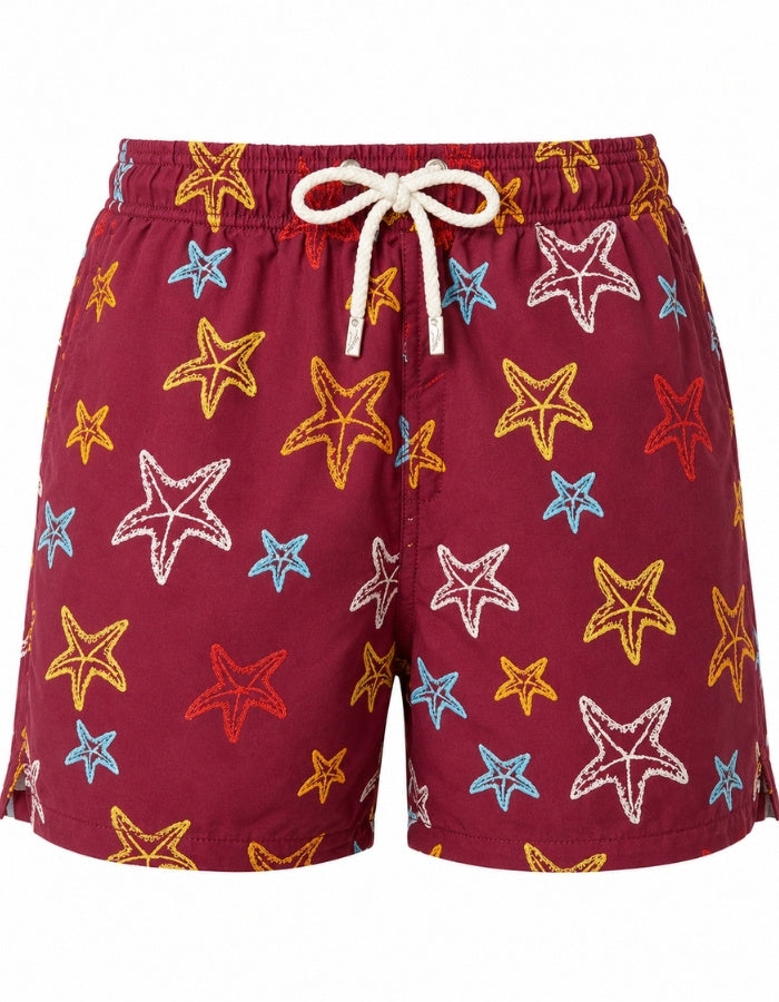 Sandbar Swimwear Ghost Manequin embroidered starfish mens swim shorts front view luxury detail