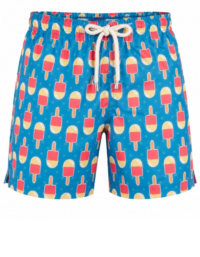 Ice Lolly Boys Swim Shorts, front view. Sustainable boys swimwear ghost mannequin