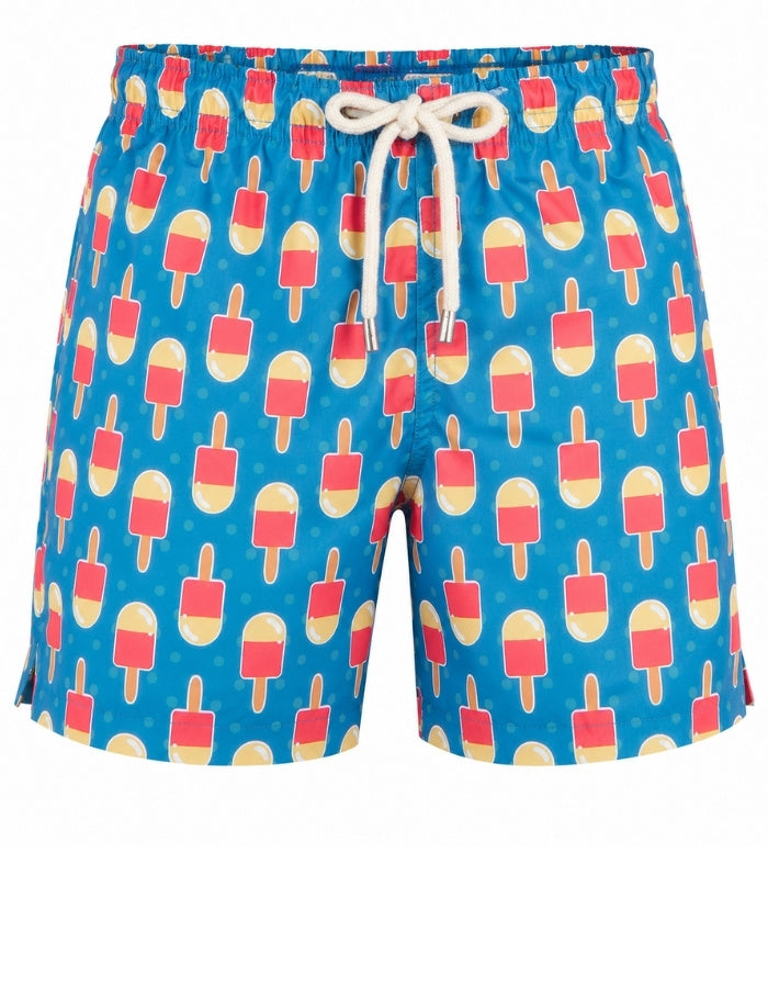 Ice Lolly Boys Swim Shorts, front view. Sustainable boys swimwear ghost mannequin