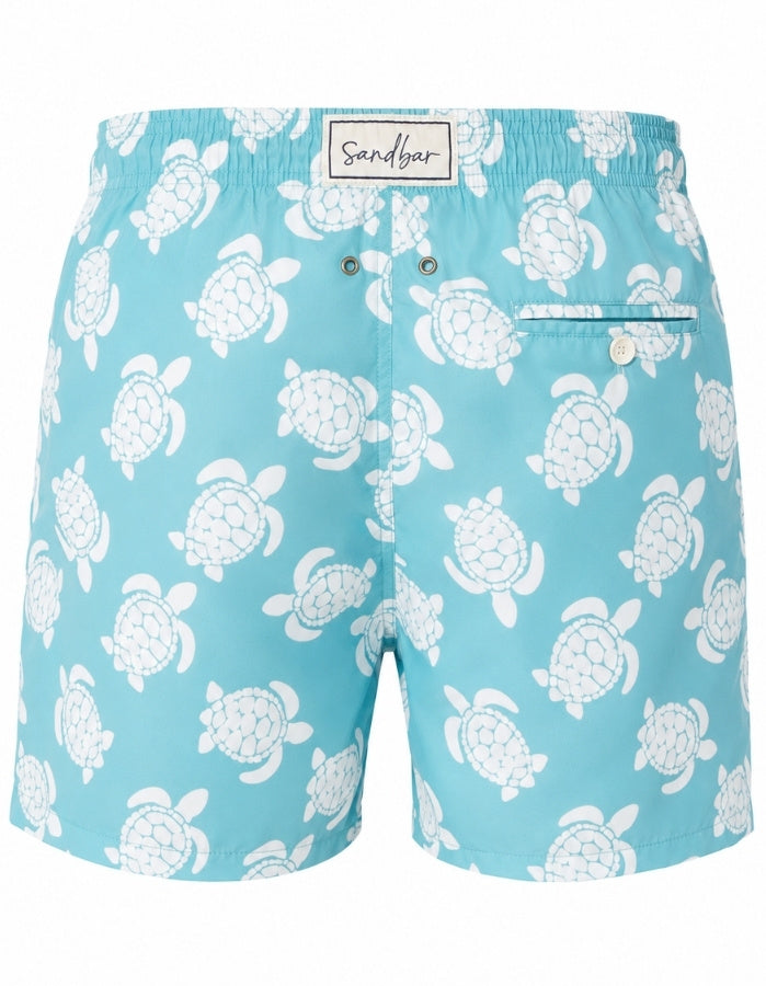 Sandbar Sustainable Mens Swim Shorts Ghost Mannequin back view maldives blue turtle