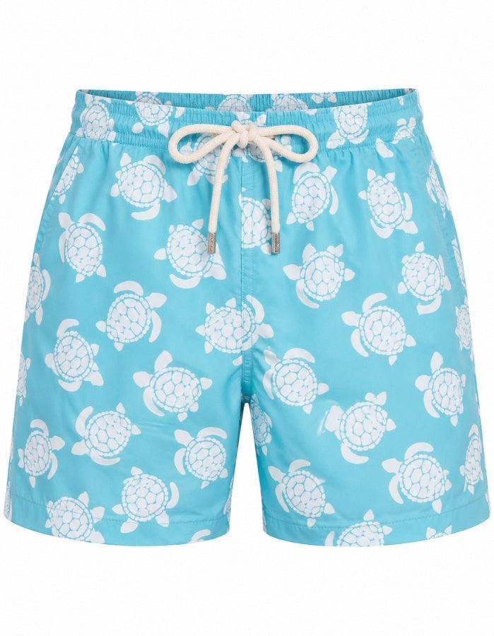Sandbar Sustainable Swim Shorts Ghost Mannequin front view maldives blue turtle