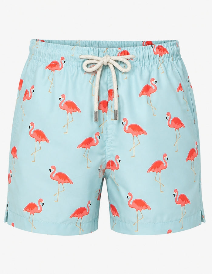 Flamingo Boys Swim Shorts, front view. Sustainable boys swimwear ghost mannequin
